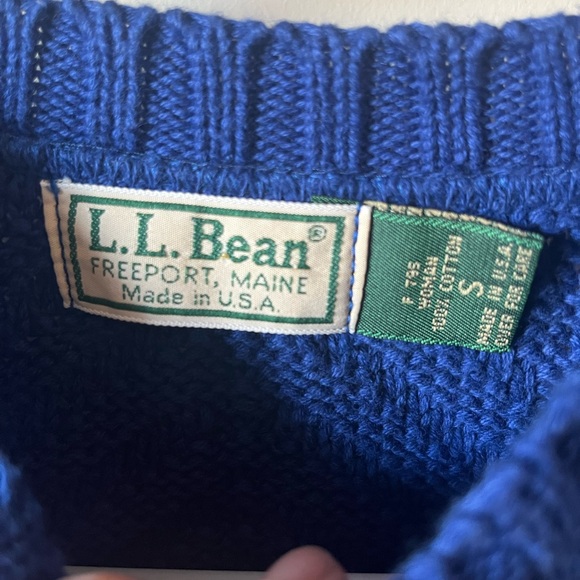 Vintage LL Bean Blue Herringbone Cotton Sweater Made in USA 70s 80s S Small - Picture 2 of 6